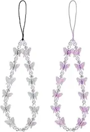 Weforu 2Pcs Beaded Phone Bracelet Strap, Crystal Butterfly Pearl Beaded Phone Charm Strap Short Hand Wrist Lanyard for Women Girls (Purple, White)