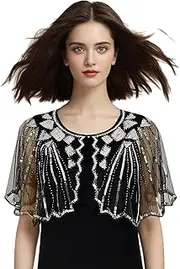 [zurabini] 1920s Stole Retro Glitter Scarf, Women's Scarf Sequins Beads Evening Cape, Evening Cape, Soft Cardigan, 20s Style Evening Dress, For Wedding Party Wedding Dress, Black and silver, 82 * 33 CM / 32 * 13