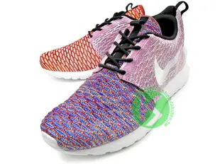 [24 CM]絕跡再入荷 2014 飛織科技搭載 NIKE ROSHERUN FLYKNIT 左右腳完全不同色 橘紫紅黑 彩虹混色 超人氣款式 NSW 走路休閒鞋 輕量舒適 (677243-100) !