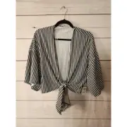 Charlotte Russe Womens Crop Top Black White Striped 3/4 Sleeve Tie Front S New