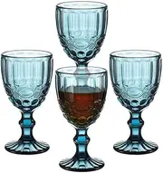 Vintage Wine Glasses,Clear Water Goblet Glasses,Stemmed Drinking Glasses with Embossed Pattern,Colored Glassware Set for Wedding Party Banquet Feast,10 oz,Set of 2,Dishwasher Safe (Blue)
