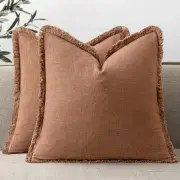Set of 2 Decorative Throw Pillow Covers 18×18 Inch Soft Linen Fringe