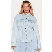 Shape Light Blue Stretch Denim Turn Up Sleeve Adjustable Back Jacket, Light Blue