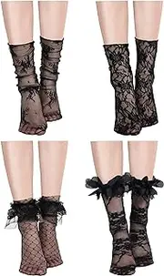 [Geyoga] 4 Pairs Women's Lace Socks Mesh Lace Loose Socks Decorated Ankle High Sheer Socks Sheer Mesh Slouch Socks for Women