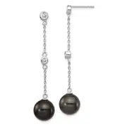 Sterling Silver Majestik Rhodium-Plated Cz Bezel And 10-11mm Black Imitation Shell Pearl Post Dangle Earrings