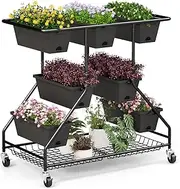 Costway Vertical Raised Garden Bed w/7 Planter Boxes, Storage Baskets, Drainage Holes, 4 Lockable Casters, 3-Tier Freestanding Elevated Planter for Patio Garden Balcony Planter, Vegetable Flower Herb