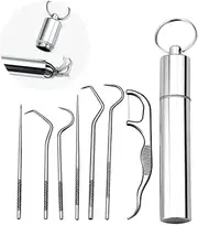 LEFV Stainless Steel Toothpicks Pocket Set, 7Pcs Portable Floss Pick Reusable Metal Toothpicks Tooth Cleaning Kit with Keychain Holder for Outdoor Picnic Camping Traveling