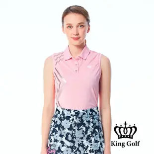 【KING GOLF】速達-實體同步款-女款素色燙銀線條無袖背心POLO衫/高爾夫球衫(粉色)