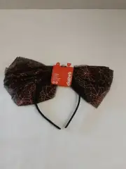 Claire's Halloween Large Black Lace Bow Headband W/Glittery Orange Spiderwebs