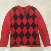 TOMMY HILFIGER Women’s Argyle V-Neck Sweater Small Red Blue Diamond Cotton NWT
