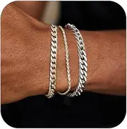 [JEMARA] 3 Pcs Stainless Steel Bracelets for Mens, Sturdy Curb Width Snake Rope Figaro Cuban Chain Bracelet Set Adjustable Stack Silver Chain Bracelet for Men