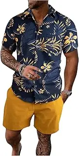 [WDIRARA] Men's Two Piece Collared Neck Short Sleeve Button Front Tops and Drawstring Short Set with Pockets