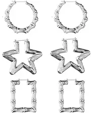 [Luchttune] 3 Pairs Large Bamboo Shaped Hoop Earrings Set Geometric Gold Silver Star Heart Statement Hip-Hop Earrings for Women Girls Jewelry