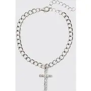 Mens Silver Iced Cross Charm Bracelet