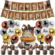 Horse Racing Theme Party Decorating Set - Party Banner - Cake Cupcake Toppers - Brown White Gold Latex Balloons for Birthday Party Decor