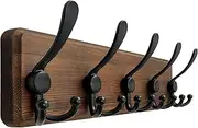 Dseap Coat Rack Wall Mounted - 5 Tri Hooks, Heavy Duty, Wooden Wall Coat Hanger Coat Hook for Clothes Hat Jacket Clothing, Natural & Black