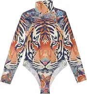 [voucong] Boho Style Flower Floral Tigers long sleeve Bodysuit Tank Tops for Women Womens Shapewear Bodysuit Sexy Tops for Women Turtleneck Jumpsuit Medium size, Boho Style Flower Floral Tigers