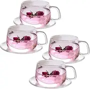Tosnail 4 Pack 11oz Glass Cups and Saucers Set Glass Coffee Mugs Set, Coffee Cup with Handle, Drinking Glasses for Latte, Cappuccino, Mocha, Hot Chocolate, Tea, Juice and Hot or Iced Beverage