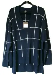 ST. JOHN Collection Windowpane Knit Hi-Lo V-Neck Sweater, Size L - Navy $795 NWT