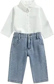 Kids Toddler Baby Unisex Autumn Winter Solid Cotton Long Sleeve Shirt Jeans Set Clothes Bundle Baby Girl (Color : White, Size : 3-4 Years)