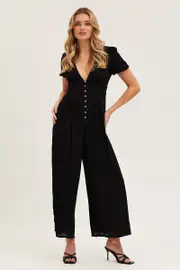 Black Jumpsuit Long Sleeve V Neck - Size 10, Women's Jumpsuit