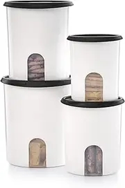 [Tupperware] Brand 8-Piece One Touch Reminder Canister Set (4 Dry Food Storage Containers + 4 Lids) - Black - Airtight, Dishwasher Safe & BPA Free