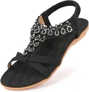 Amissz Damen Sandalen Frauen Bohemian Strass Sandals PU Leder Elastischen Strand Schuhe Zehentrenner