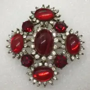 VTG Yosca Maltese Cross Red Glass Cab Rhinestone Mogul Brooch Pin NOS Estate