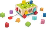 Tooky Toy Woode Shape Sorter Pull Along Cart with Wooden Blocks Toddler Toy