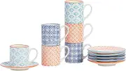 Nicola Spring 12 Piece Espresso Cup & Saucer Set - 65ml - 3 Coloured Hand Printed Tea Cup and Saucer Coffee Cappuccino Mugs Latte Drinking Mug Tea Saucer Plates