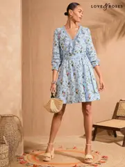 Love & Roses Blue Floral Boho Ruffle Lace Trim 3/4 Sleeve Mini Dress (AY0812) | $150