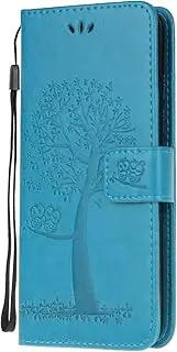 [Wuhaizher] Nokia C32 Case Leather Wallet Flip Folio Magnetic Clasp Stand View Bookstyle Cases for Nokia C32 Phone Case Cover Shockproof Cute Owl & Tree Pattern, Blue