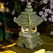 Solar Pagoda Lantern Garden Statue LED Light Outdoor Zen Garden Japanese Lantern for Landscape Balcony Patio Porch Yard Art Decor 6.7" H Gray Stone Finish