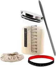 LKLKO Sourdough Starter Jar Kit Glass Jar, Sourdough Bread Baking Supplies Sourdough Jar with Thermometer, Feeding Date Band, Silicone Scraper Sour Dough Starter Jars(Stainless Steel lid)