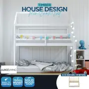 House Design Twin Bunk Bed for Kids Solid Pine Timber Wooden Frame Children Bed