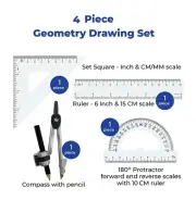 4 PC Precision Geometry Set Protractor Compass Ruler Square Design Tools Draw