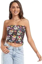 [RPLIFE] Colorful Sugar Skulls Flowers Summer Tops, Strapless Tube Top, Sheer Tube Tops, Sexy Tube Tops (S)