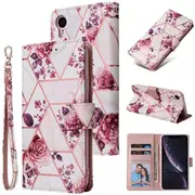 For Apple iPhone XR Case Marble Painting Pattern With Lanyard Flip Wallet Case Leather Card Slots Stand Cover (Rose Gold Gilding)