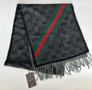 New With Tags Gucci Nikky Wool Alpaca Monogram Web Dark Gray Scarf Shawl Fringe
