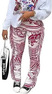[XZLUFNY] Womens Casual Medium Waist Tassel Fringe Print Pencil Jogger Pants