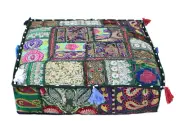 16" Indian Handmade Square Green Patchwork Home Decorative Floor Cushion Cover