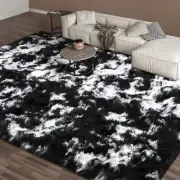 Black White Tie-dye Rug for Living Room, 5x7 Ft Fluffy Shaggy Bedside Area Ru...
