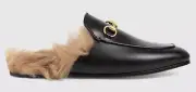 Gucci Princetown Black Leather Fur Loafer Slide Slip On Mule Slipper Flat 36