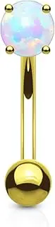 [Paula & Fritz] Universal Dumbbell Bar 14 Carat Real Gold Eyebrow Piercing 1.2 mm Thickness Synthetic Opal White 8 mm Bar Length Curved Barbell