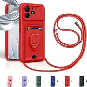 Aithne Case for Xiaomi Redmi Note 14 4G Mobile Phone Chain Case, Slide Camera Protection, Silicone Mobile Phone Case for Hanging Chain, 360 Degree Ring Holder, Stand Card Slot, Red
