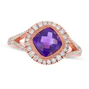 7.0mm Cushion-Cut Amethyst and 0.38 CT. T.W. Natural Diamond Frame Split Shank Ring in Solid 14K Rose Gold