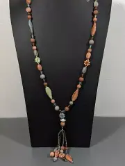 Vintage Genuine Lucite Brown Tassel Tribal Style Bead Statement Necklace 30"