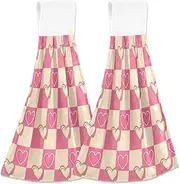 RPLIFE Checkerboard Pink Cream Towel with Hanging Loop, Soft Absorbent Set 2 Hanging Towels, 18.2 x 14 Inch