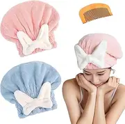 2 Pcs Super Absorbent Hair Towel Wrap for Wet Hair, Microfiber Hair Drying Cap, Quick Dry Hair Towel Cap with Bow, Hair Towel Wrap for Curly Long Thick Hair (Pink + Blue)