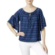 William Rast Gigi Lace Up Cropped Ruched Peasant Top in Royal Blue, Medium